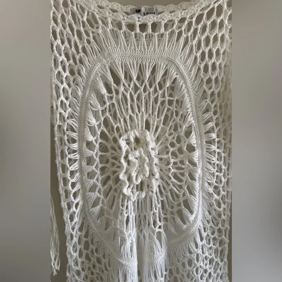 ASHA Crochet Knit Boho Fringe Tunic Handcrafted Look Beach Festival Cover Up S - Picture 2 of 5